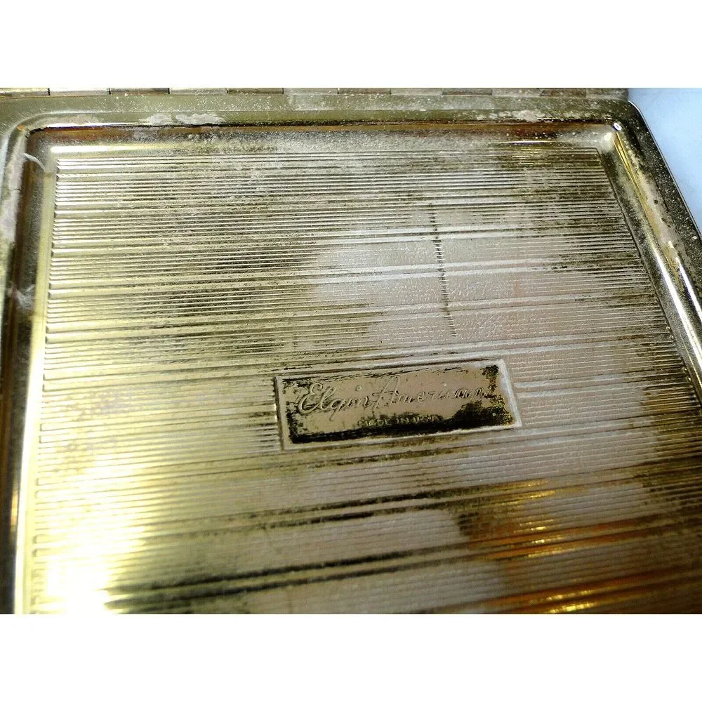 Vintage Elgin American USA Mirror Powder Compact Square Goldtone Marked Engraved